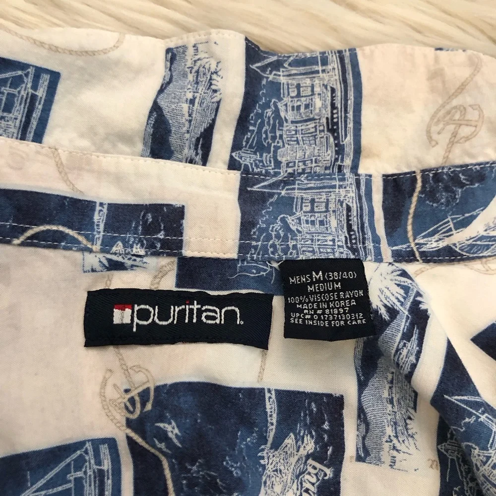 Puritan Yatch Landscape Prints Vacation Button Down Short Sleeves Mens Shirt M